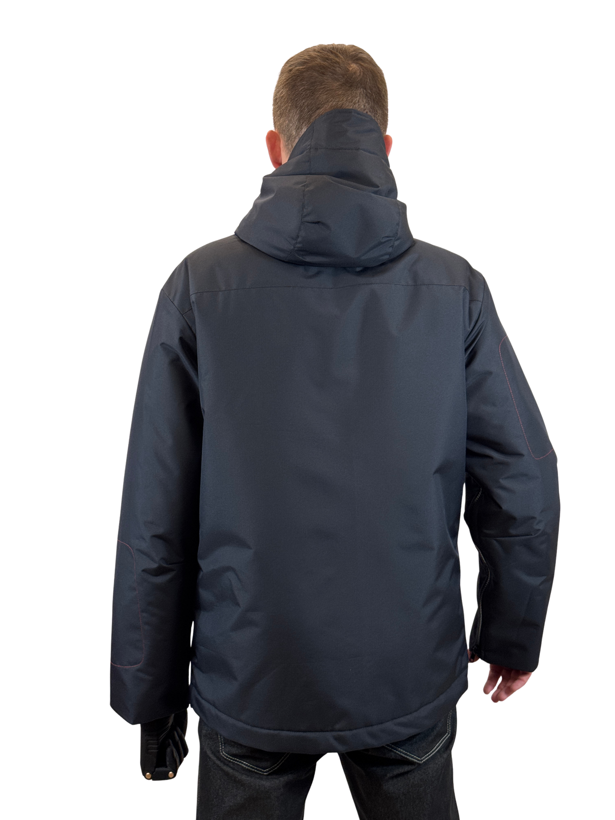 Dark navy insulated adaptive jacket with zippered sleeve, side view