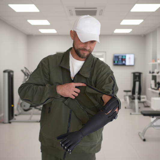 Чоловік у адаптивному одязі з протезом руки під час реабілітації після протезування