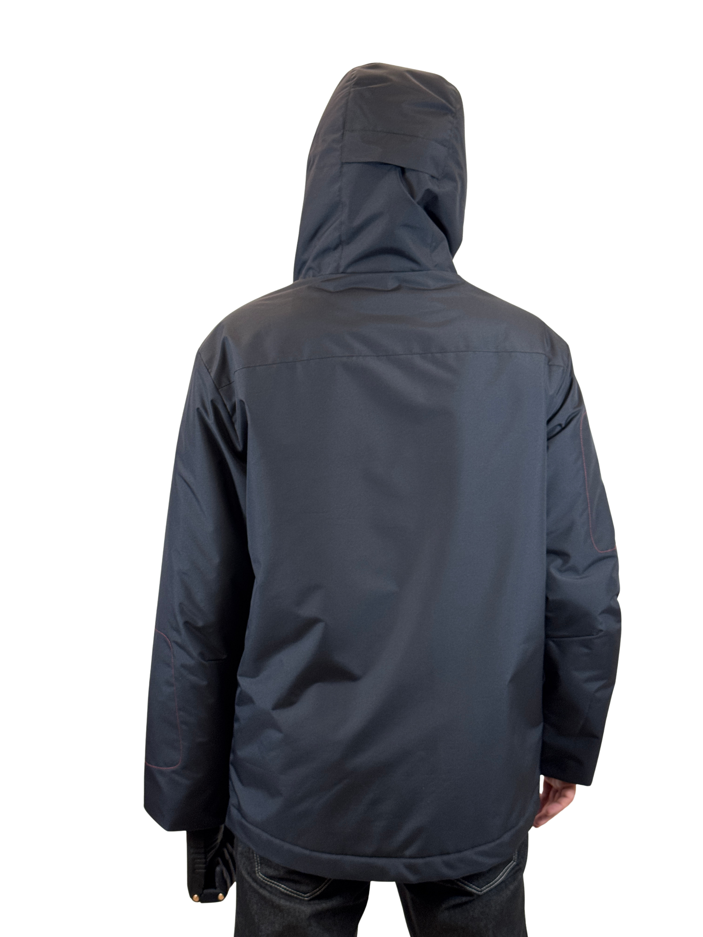 Dark navy insulated adaptive jacket with adjustable hood, back view