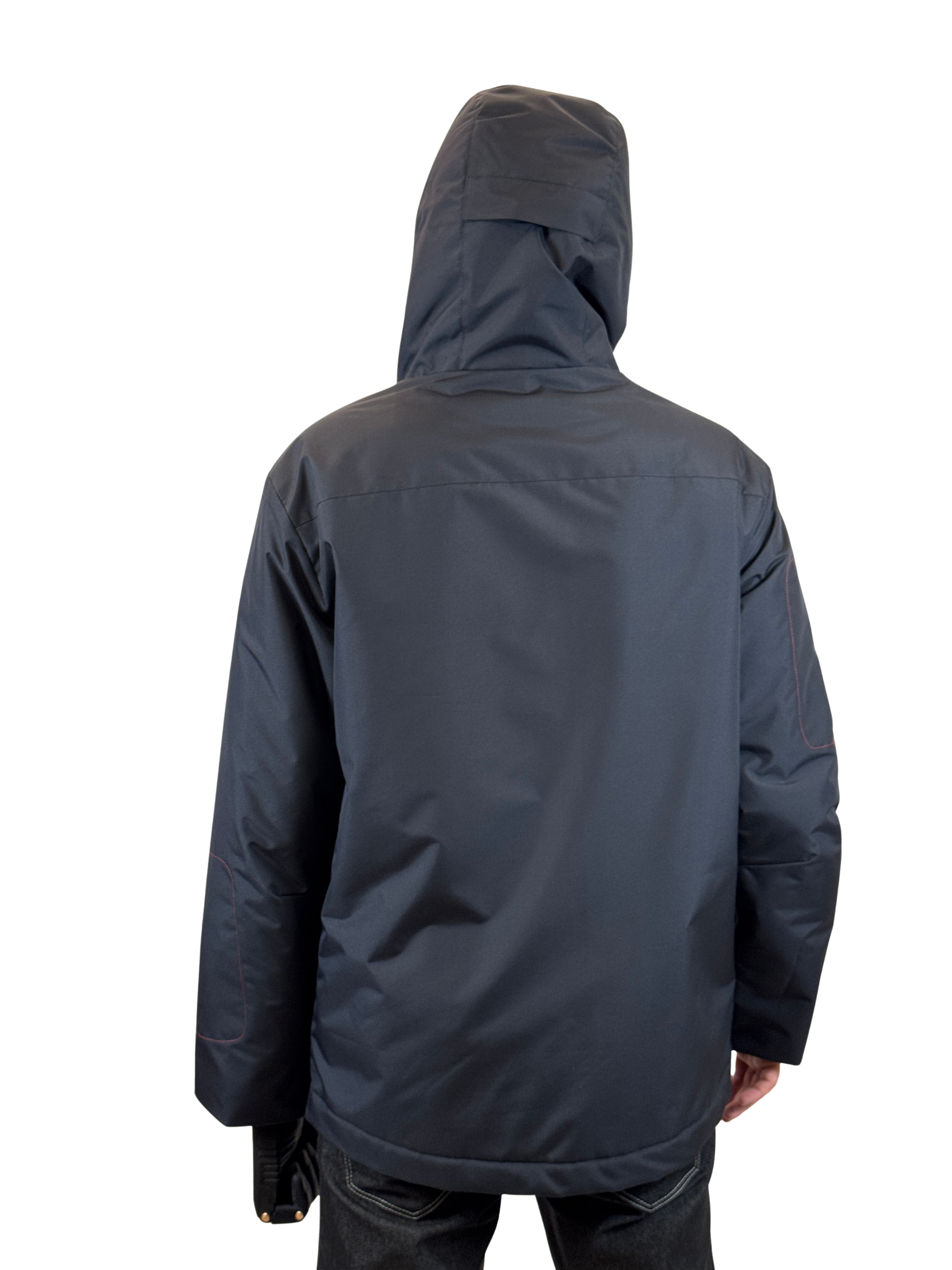 Dark navy insulated adaptive jacket with adjustable hood, back view