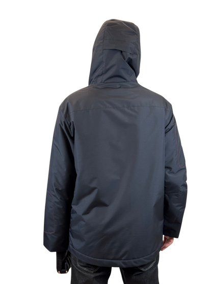 Dark navy insulated adaptive jacket with adjustable hood, back view