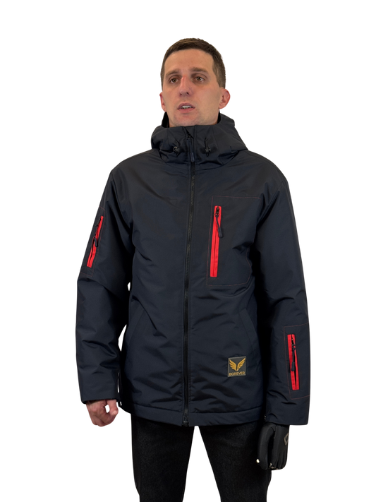 Dark navy insulated adaptive jacket with zippered sleeves, front view