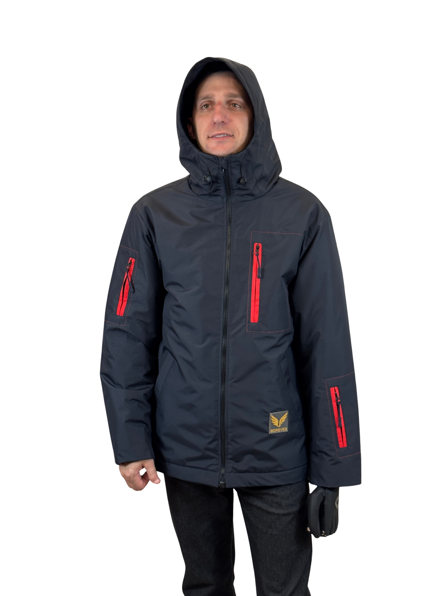 Dark navy insulated adaptive jacket with adjustable insulated hood and visor