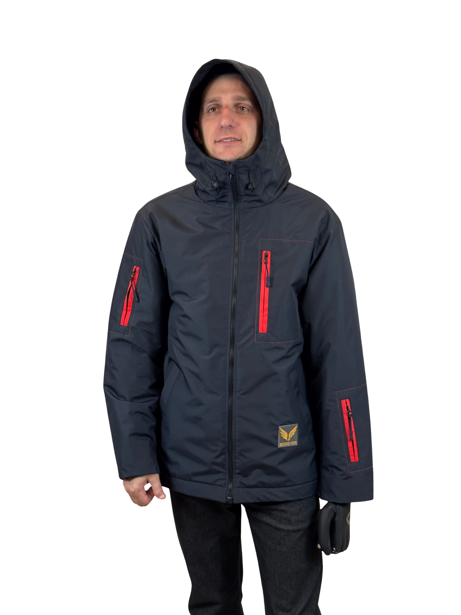 Dark navy insulated adaptive jacket with adjustable insulated hood and visor