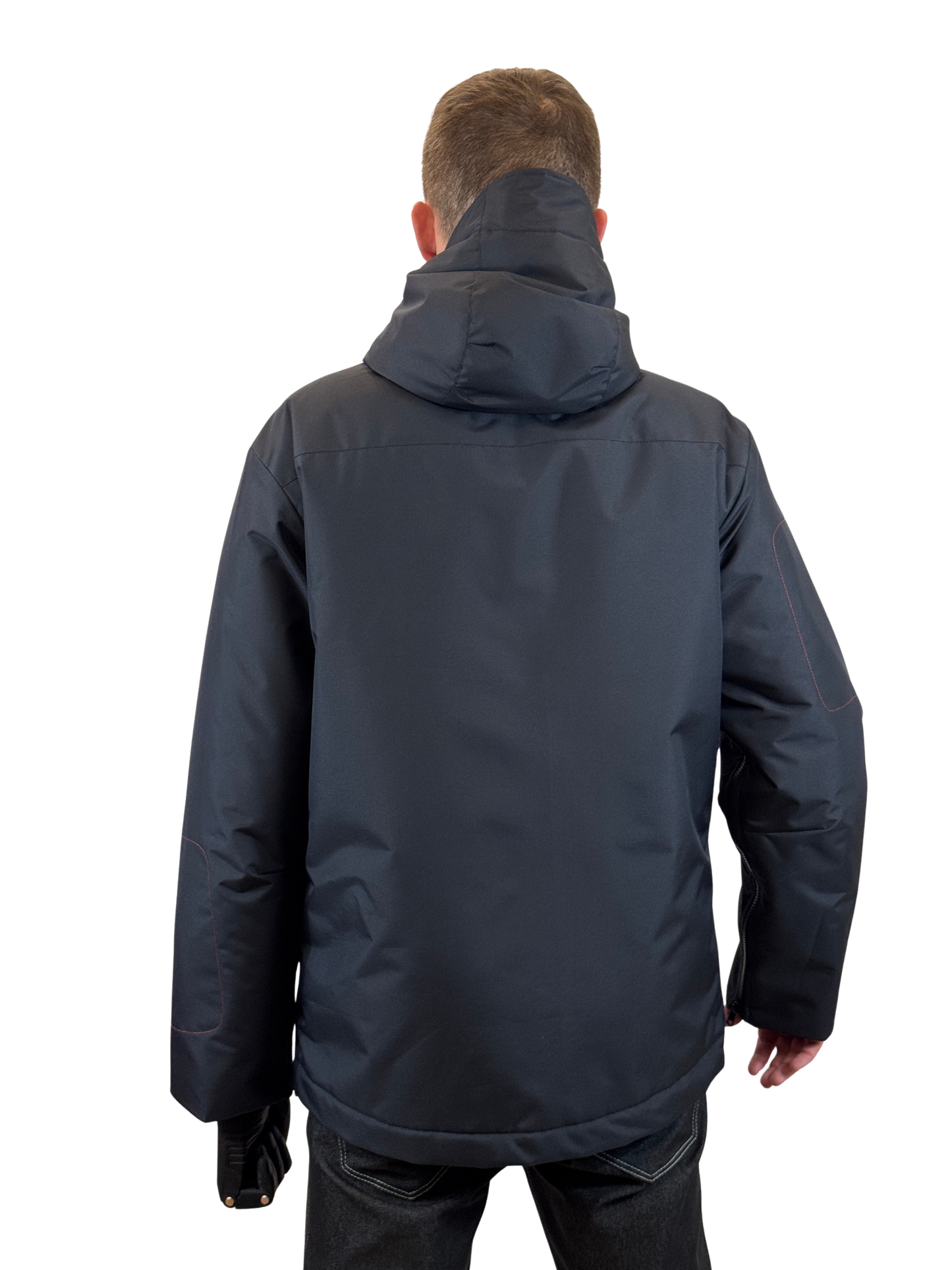 Dark navy insulated adaptive jacket with zippered sleeve, side view