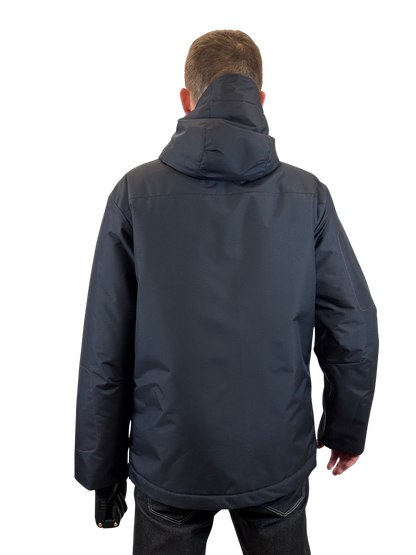 Dark navy insulated adaptive jacket with zippered sleeve, side view