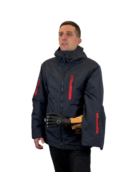 Dark navy insulated adaptive jacket with sleeve zipper opened for prosthesis access